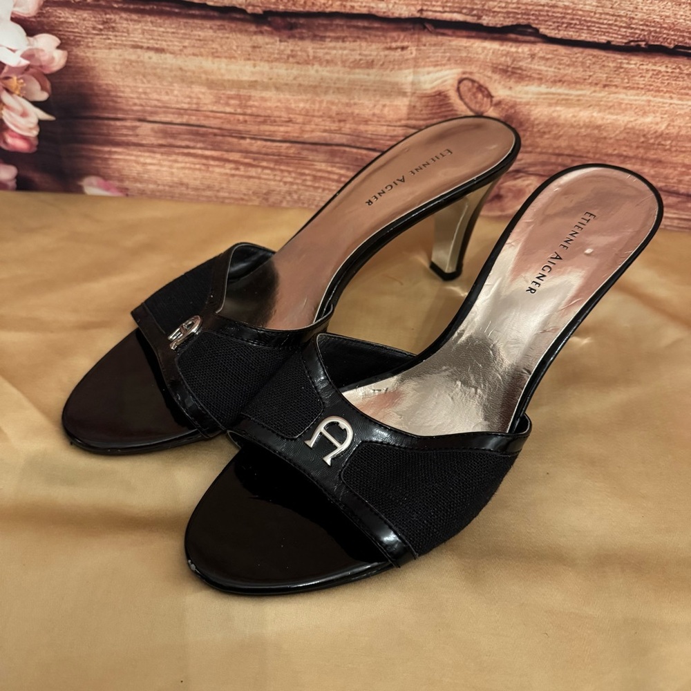 Etienne Aigner Black Open-Toe Mule Heels with Silver Logo